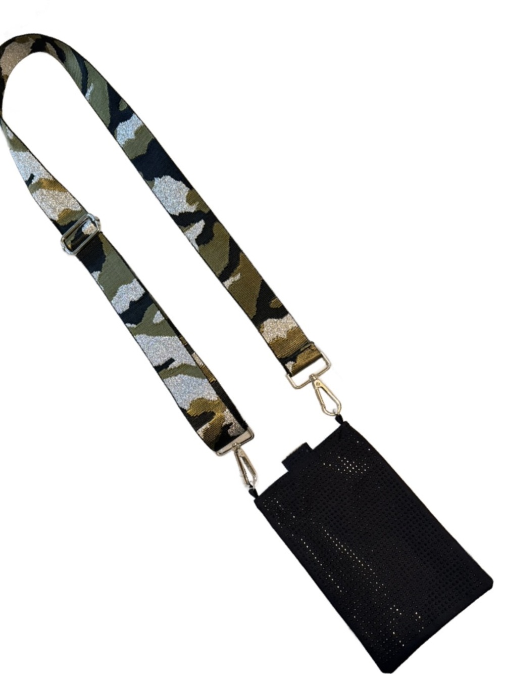Black Sequined Crossbody Phone Pouch with Glitter Camo Strap